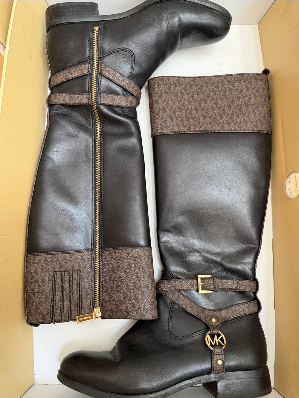 Michael Kors Brown and Black Leather MK Logo Riding Boots